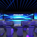 Innovative Future Themed Stage With Blue Lighting Large Screen And Chairs 3d model