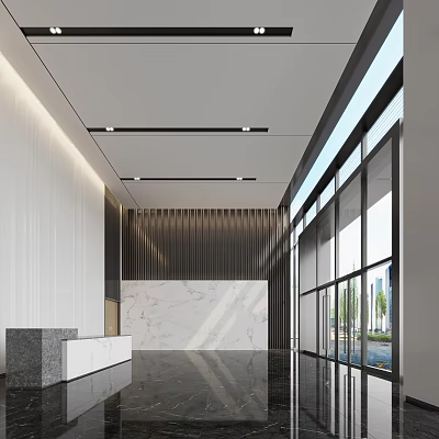 Modern Front Desk Reception Area With Marble Wall And Large Windows 3d model