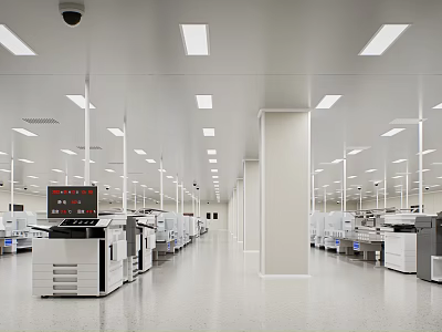 Spacious Industrial Workshop Interior With Modern Equipment Ceiling Lights And White Columns 3d model