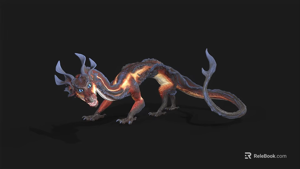 Mythical Dragon With Glowing Reddish Brown Body Blue Eyes And Long Tail 3d model 