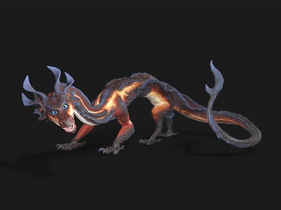 Mythical Dragon With Glowing Reddish Brown Body Blue Eyes And Long Tail 3d model