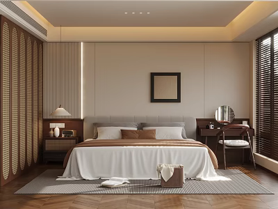 Modern Minimalist Kitchen Interior With Warm Tones Cabinets And Window Shutters 3d model