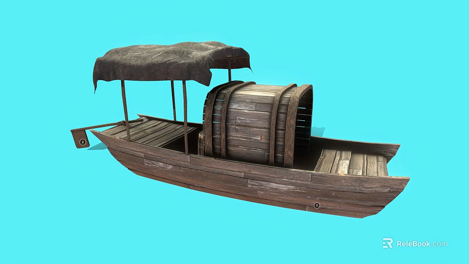 Traditional Wooden Water Transportation Boat With Brown Canopy And Large Wooden Wheel 3d model 