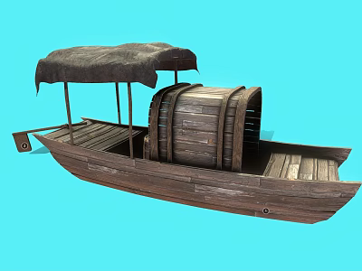 Traditional Wooden Water Transportation Boat With Brown Canopy And Large Wooden Wheel 3d model