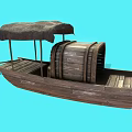 Traditional Wooden Water Transportation Boat With Brown Canopy And Large Wooden Wheel