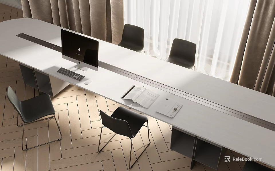 Modern Conference Table With White Top Computer Monitor Keyboard Notebook Black Chairs And Herringbone Floor 3d model 
