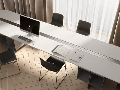 Modern Conference Table With White Top Computer Monitor Keyboard Notebook Black Chairs And Herringbone Floor 3d model
