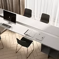 Modern Conference Table With White Top Computer Monitor Keyboard Notebook Black Chairs And Herringbone Floor