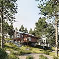 Detached Villa Surrounded by Pine Trees with Glass Walls on Hillside in Natural Setting