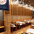 Japanese Sushi Restaurant Interior With Cherry Blossom Decor Wooden Counter Bar Stools Shelves Of Bottles 3d model