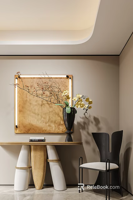 Modern Entryway Interior Design With Framed Artwork Vase Yellow Flowers And Console Table 3d model