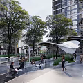 Modern Plaza Landscape with High Rise Buildings Trees Shaded Canopy Smooth Stone Pavement and People