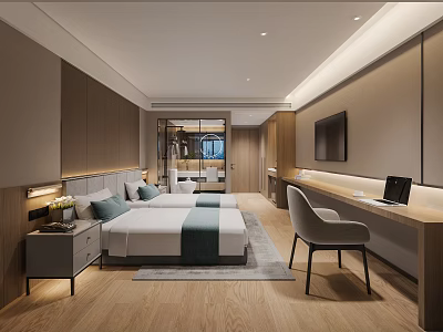 Modern Hotel Room Interior With Twin Beds Writing Desk Laptop And Wooden Flooring 3d model