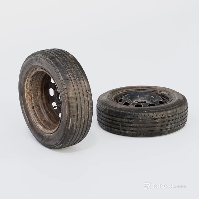 Old Car Tires Two Used Ones with Metal Rims One Standing and One Lying Flat 3d model 