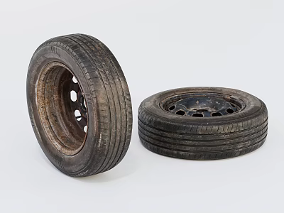 Old Car Tires Two Used Ones with Metal Rims One Standing and One Lying Flat 3d model