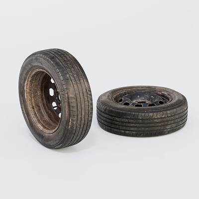 Old Car Tires Two Used Ones with Metal Rims One Standing and One Lying Flat 3d model Old Car Tires Two Used Ones with Metal Rims One Standing and One Lying Flat 3d model