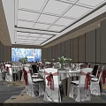 Elegant Banquet Hall With Round Tables White Tablecloths Red Bow Chairs And Recessed Lighting