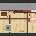 Miniature Bedroom Interior With Wooden Bunk Bed Desk Stairs And Window Frame