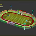 Modern Stadium Design with Green Football Field Red Running Track and Spectator Seats