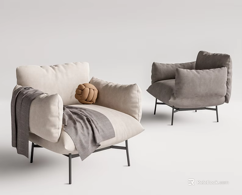 Light Colored Single Seater Sofa With Gray Blanket Woven Ball And Metal Legs 3d model 