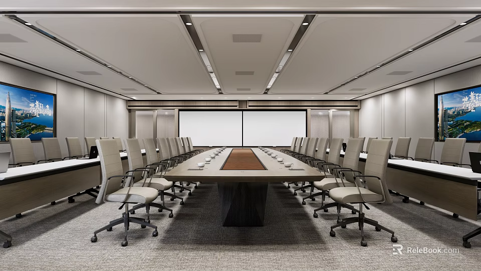 Modern Conference Room With Long Wooden Table Wheeled Chairs And Large Screen 3d model 