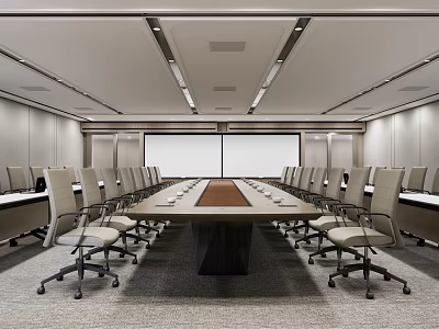 Modern Conference Room With Long Wooden Table Wheeled Chairs And Large Screen 3d model