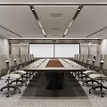Modern Conference Room With Long Wooden Table Wheeled Chairs And Large Screen