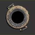 Brown And Black Pottery Vase With Ornate Swirl Patterns And Curved Handle