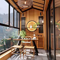 Natural Home Balcony Interior With Green Plants Tea Set And Wooden Decor