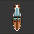 Modern Wooden Speedboat with Orange Brown Planks Blue Seats and Metal Accents