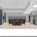 Bright Office Meeting Room With Wooden Table Chairs Bookshelves And Green Plant