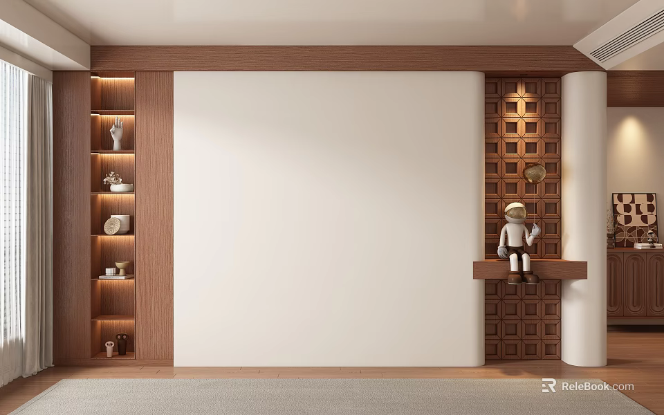 Modern Sofa Background Wall with White Central Panel Wooden Shelves Grid Design and Astronaut Figurine Decorations 3d model 