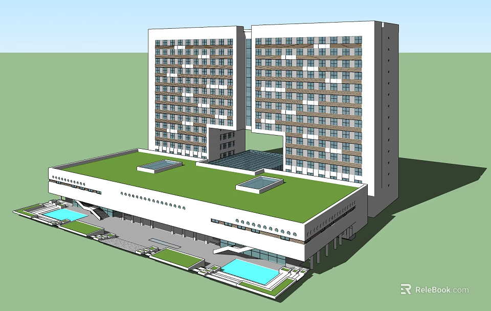 Modern Architectural Design With Tall Connected Buildings Green Roof Low-rise Base And Water Features 3d model 