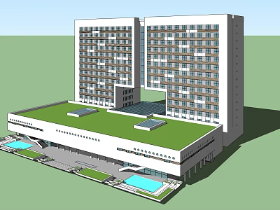 Modern Architectural Design With Tall Connected Buildings Green Roof Low-rise Base And Water Features 3d model