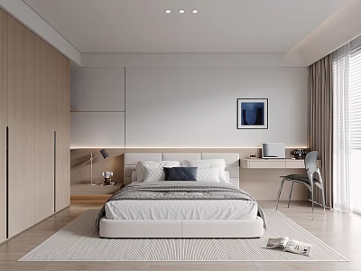 Modern Bedroom Interior With Bed Wardrobe Desk Chair And Window Curtains 3d model