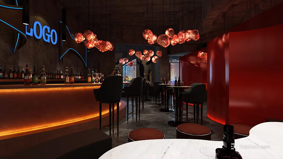 Modern Bar Interior With Red Pendant Lights Black Bar Stools And Orange Lit Counter 3d model 