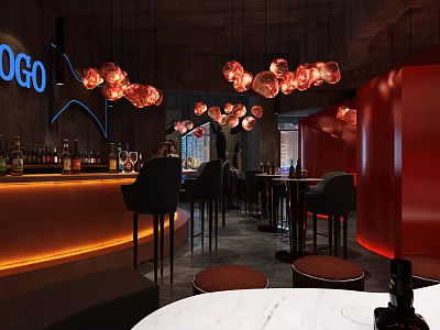 Modern Bar Interior With Red Pendant Lights Black Bar Stools And Orange Lit Counter 3d model