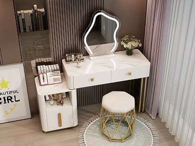 White Modern Dressing Table With Gold Legs Backlit Mirror And Geometric Stool 3d model
