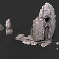 Stone Wood Structure with Carved Door and Natural Textured Surfaces