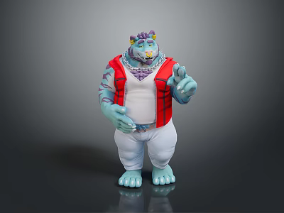 Blue Creature Character In Red Vest And White Pants With Yellow Head Decoration Pointing Forward 3d model
