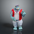 Blue Creature Character In Red Vest And White Pants With Yellow Head Decoration Pointing Forward