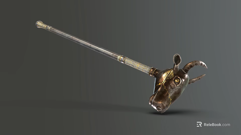 Long Handle Ornate Weapon With Metallic Bull Head Design And Gold Accents 3d model 