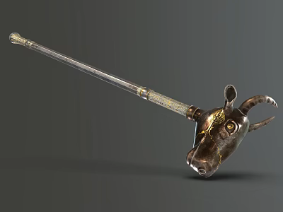 Long Handle Ornate Weapon With Metallic Bull Head Design And Gold Accents 3d model