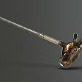 Long Handle Ornate Weapon With Metallic Bull Head Design And Gold Accents