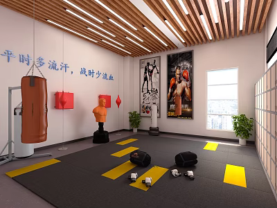Boxing Fitness Training Room With Punching Bag Dumbbells And Yellow Marked Floor 3d model