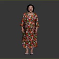 Woman Wearing Colorful Floral Dress With Red Green Patterns And White Shoes On Dark Background