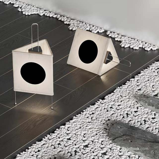 Modern Decorative Lamps With Geometric Frames Round Shades On Wooden Floor And White Pebbles 3d model 