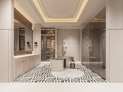 Modern Bathroom Interior Design With Freestanding Bathtub And Vanity Mirror 3d model
