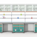 Functional Laboratory Setup With Lab Bench Glass Fronted Cabinets And Storage Shelves