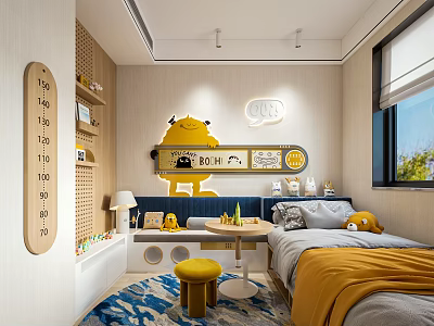 Kids Tatami Bedroom Interior With Cartoon Decor Bookshelf Small Table And Yellow Blanket 3d model